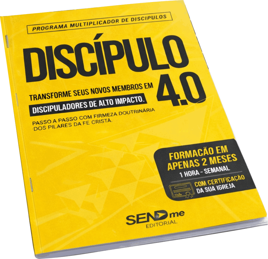 Livro amarelo Discípulo 4.0 em perspectiva sobre fundo claro.